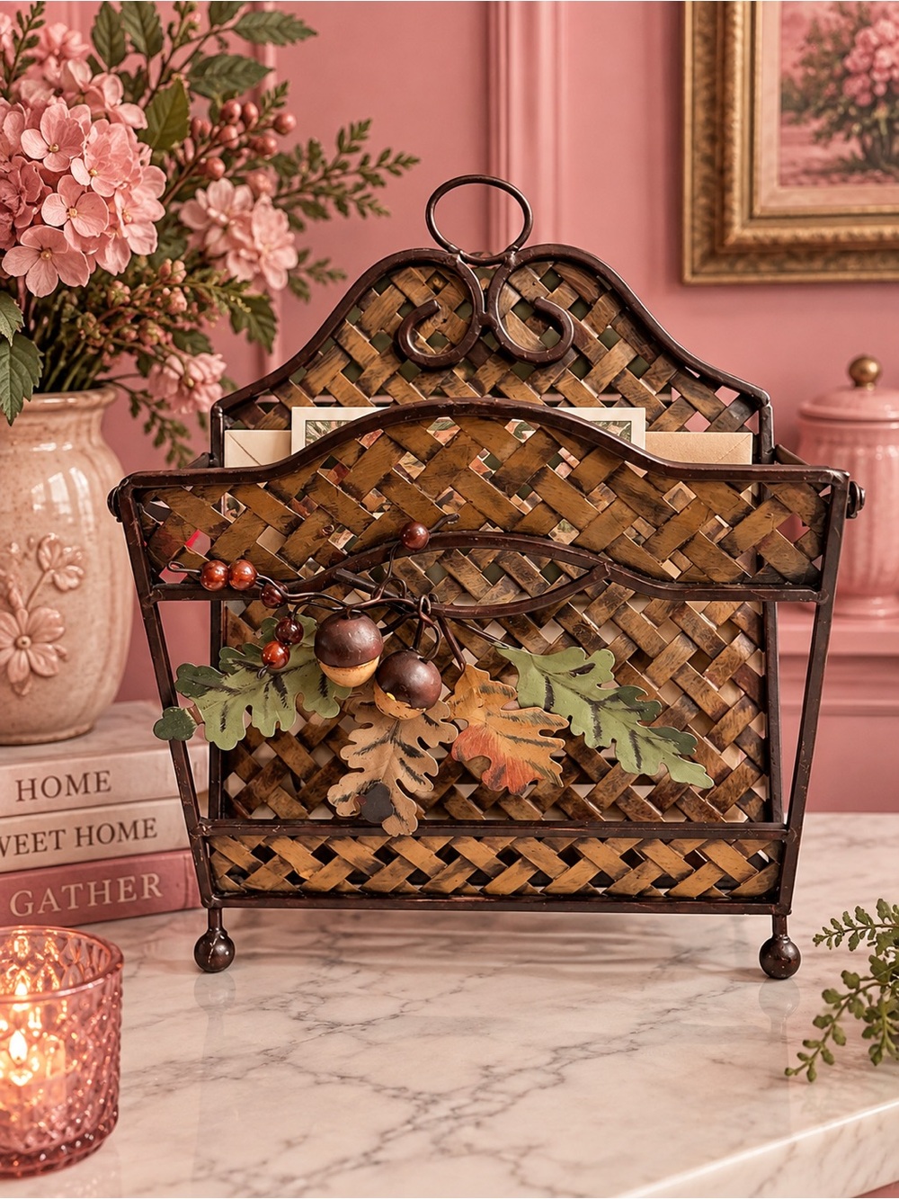 Woven Metal Decorative Mail Organizer with Autumn Leaf Accents